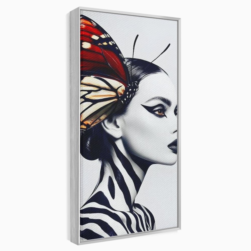 Tablou canvas cu tablou canvas cu femeie si aripa de fluture, in rama de aluminiu argintiu